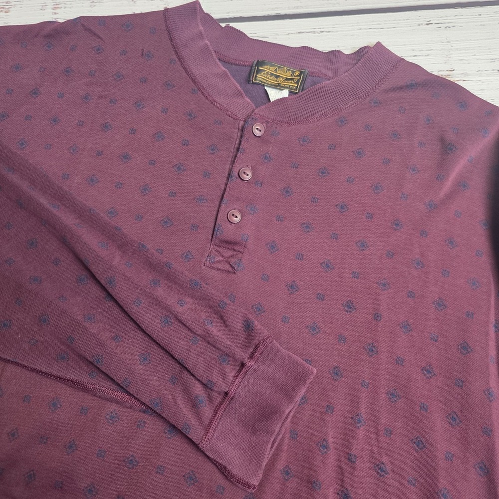 Vintage Eddie Bauer 90's Henley Shirt USA Made Mens XL Maroon Navy Diamonds Flaw